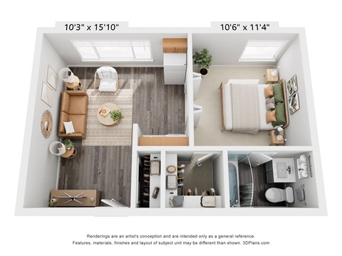 Floor plan for 1 bed, 1 bath, 499 sqft